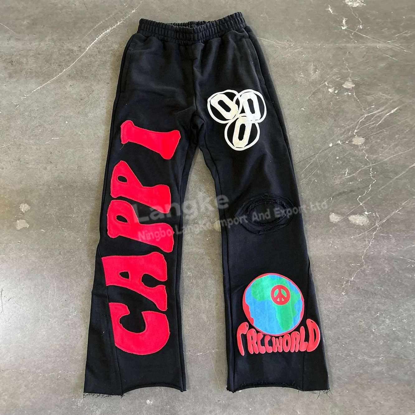 Streetwear Custom Vintage Puff Print Flared Jogger Track Pants Distressed Patch Embroidery Stacked Flare Sweatpants Men