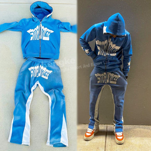 High Quality Unisex Joggers Men Cotton Fleece Oversized Custom Puff Print Full Zip Up Hoodie Flared Tracksuit Set