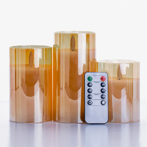 Gold plating glass 3D wick rechargeable electronic chargeable flameless smokeless timer fake pillar LED candle