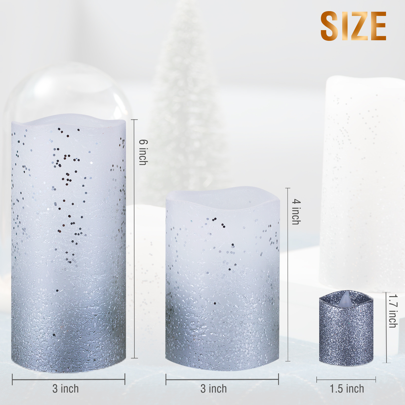 8 Packs Silver Glitter Cordless Constant Led Candle Light Flameless Luminous Led Candle With Timer