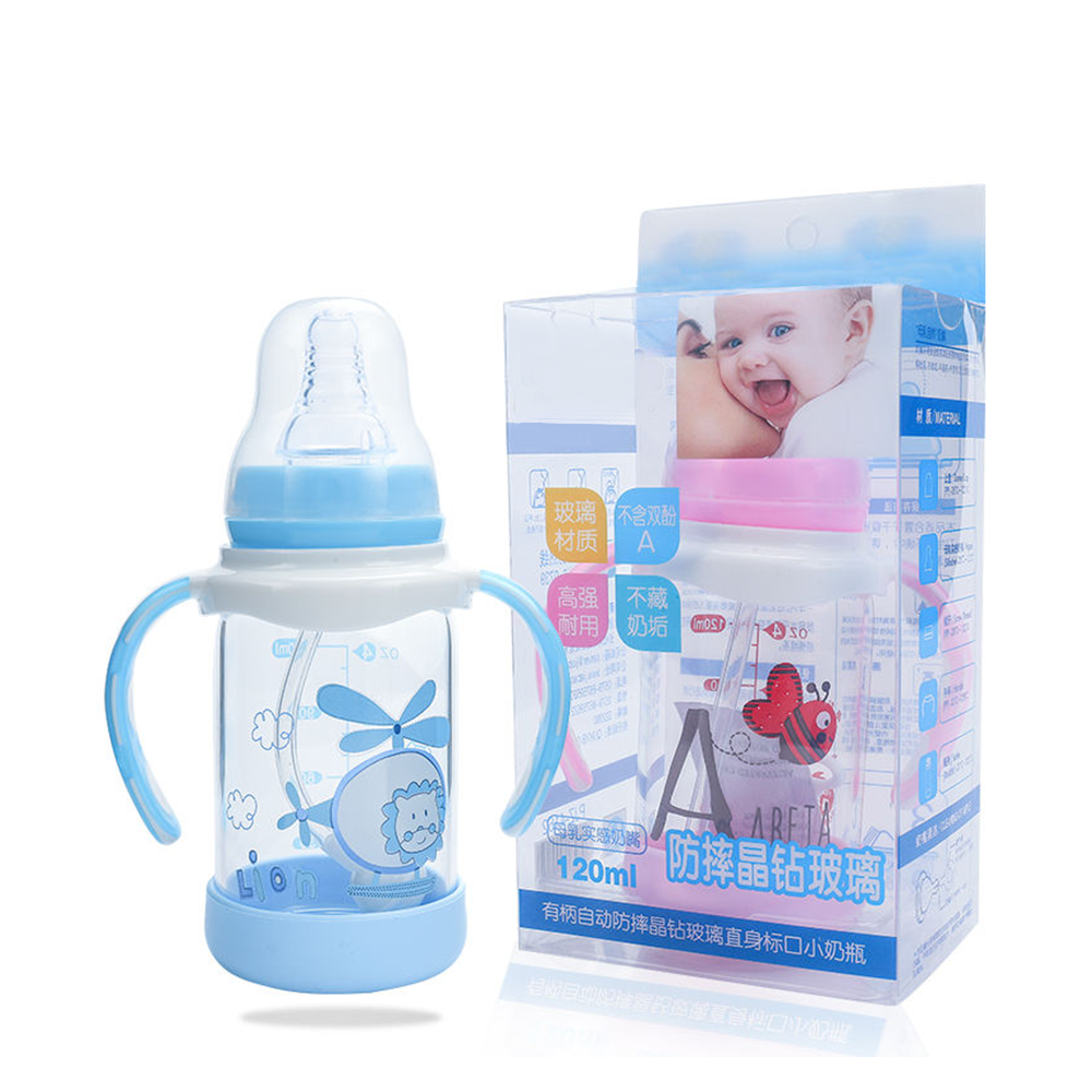 Factory Wholesale New Design 120ml Standard Newborn Handle Baby Glass Feeding Bottle Baby Milk Bottle With Silicon Nipple