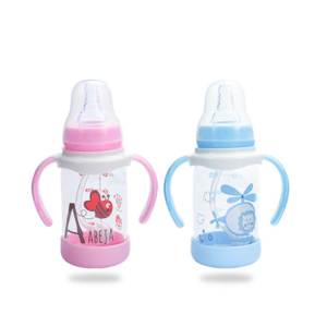 Factory Wholesale New Design 120ml Standard Newborn Handle Baby Glass Feeding Bottle Baby Milk Bottle With Silicon Nipple