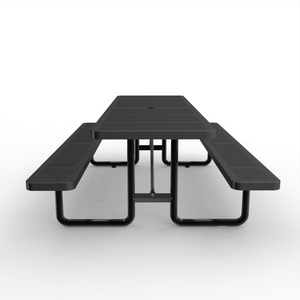 OEM 96" Outdoor Expanded Metal School/Restaurant Cafeteria Rectangular Hall Table and Chairs with Umbrella Hole, Black