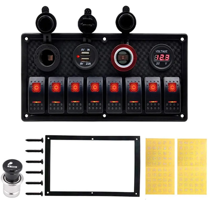 Waterproof Boat Marine Switch Panel + USB Power Socket + Dual Cigarette Lighter + Led Voltmeter 8 Gang