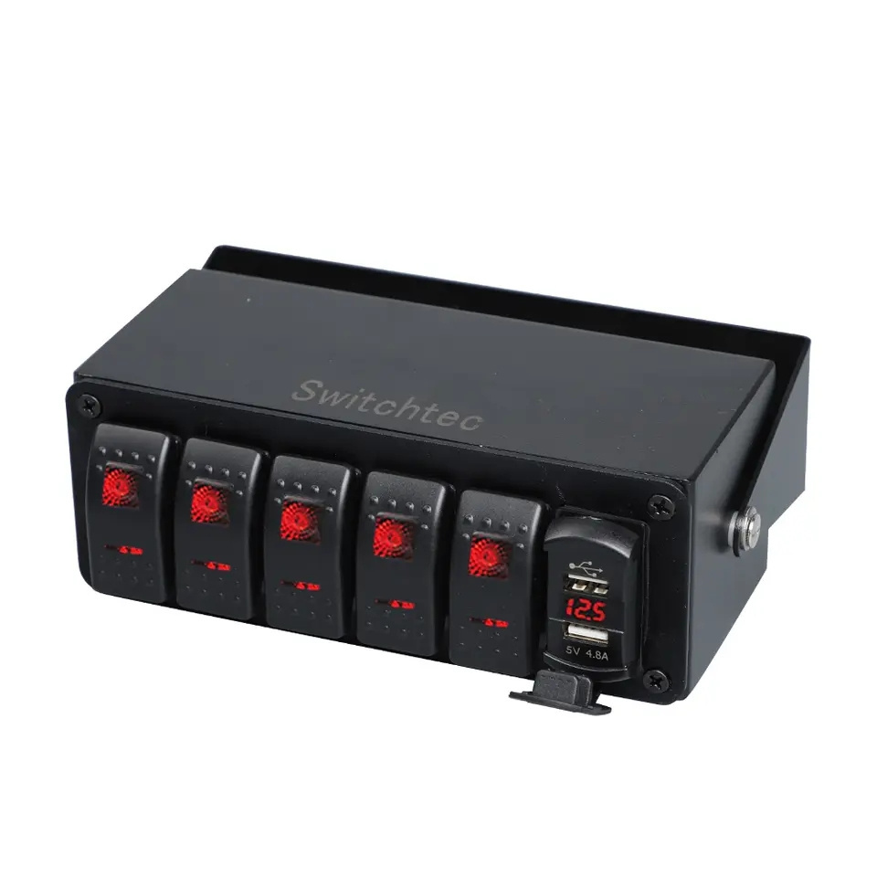 5 Gang LED Rocker Switch Panel box with 4.8A dual usb charger and voltmeter red led