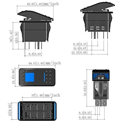 5 pin on off SPST Zombie Light Switch 20A 12V Blue Backlit Led Rocker Switch Push Button