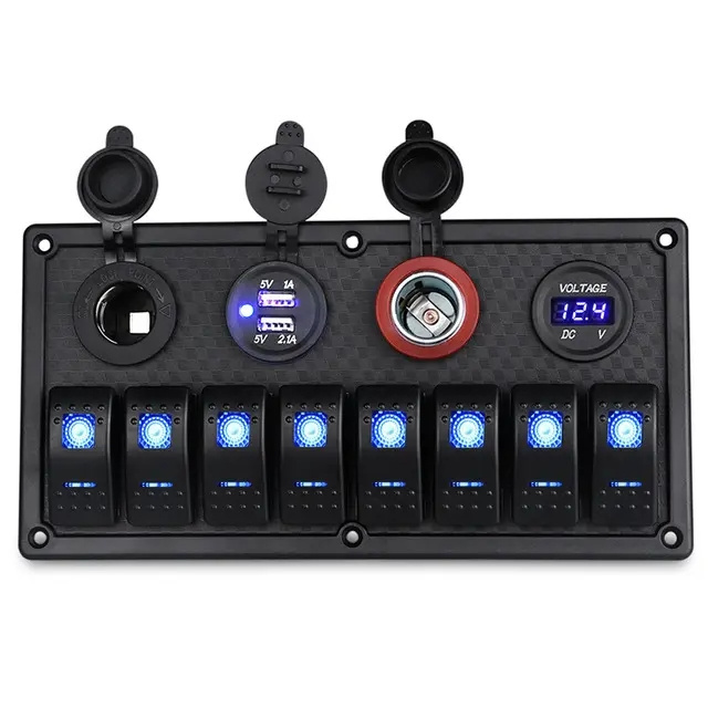 Waterproof Boat Marine Switch Panel + USB Power Socket + Dual Cigarette Lighter + Led Voltmeter 8 Gang