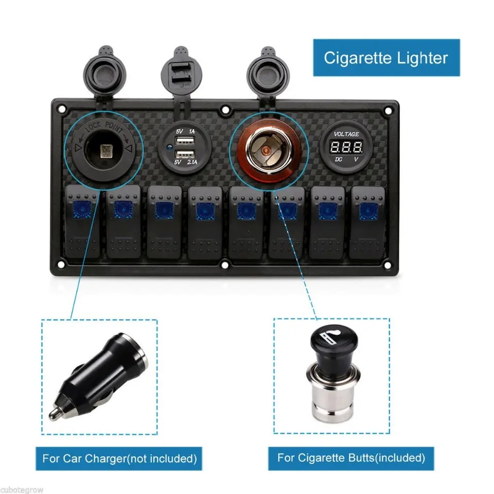 Waterproof Boat Marine Switch Panel + USB Power Socket + Dual Cigarette Lighter + Led Voltmeter 8 Gang