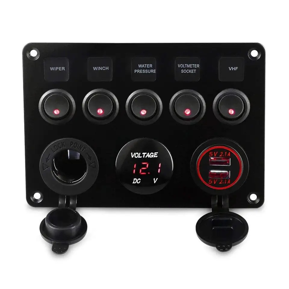 5 Gang Switch Panel For Car Boat Yacht Caravan Truck Waterproof Voltmeter Power Dual USB 4.2A