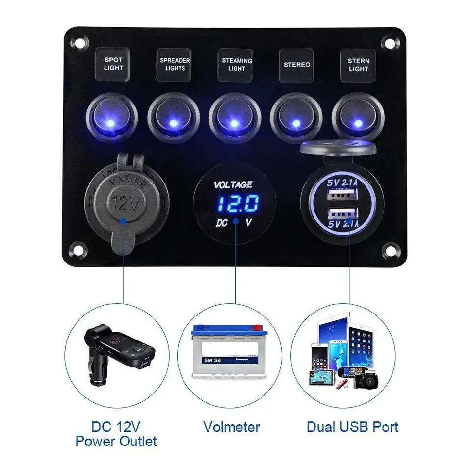 5 Gang Switch Panel For Car Boat Yacht Caravan Truck Waterproof Voltmeter Power Dual USB 4.2A