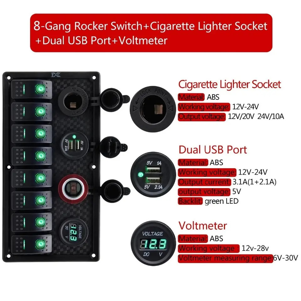 Waterproof Boat Marine Switch Panel + USB Power Socket + Dual Cigarette Lighter + Led Voltmeter 8 Gang