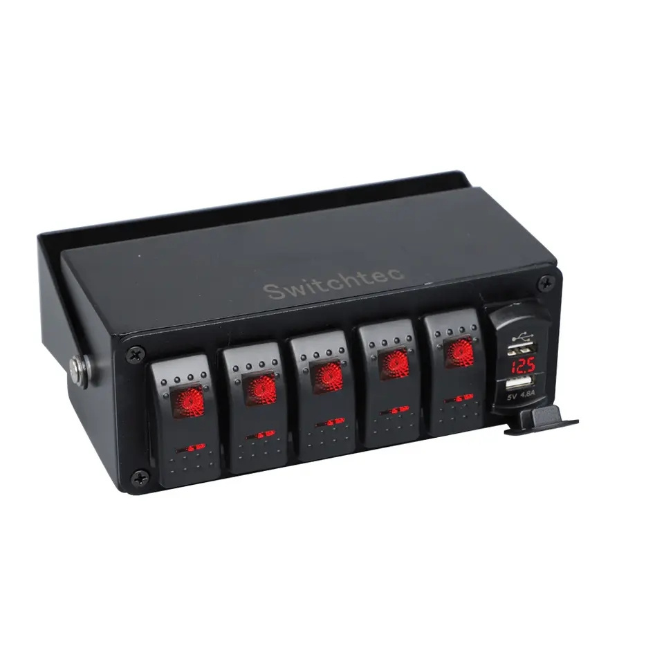 5 Gang LED Rocker Switch Panel box with 4.8A dual usb charger and voltmeter red led