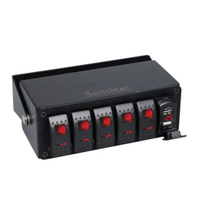 5 Gang LED Rocker Switch Panel box with 4.8A dual usb charger and voltmeter red led