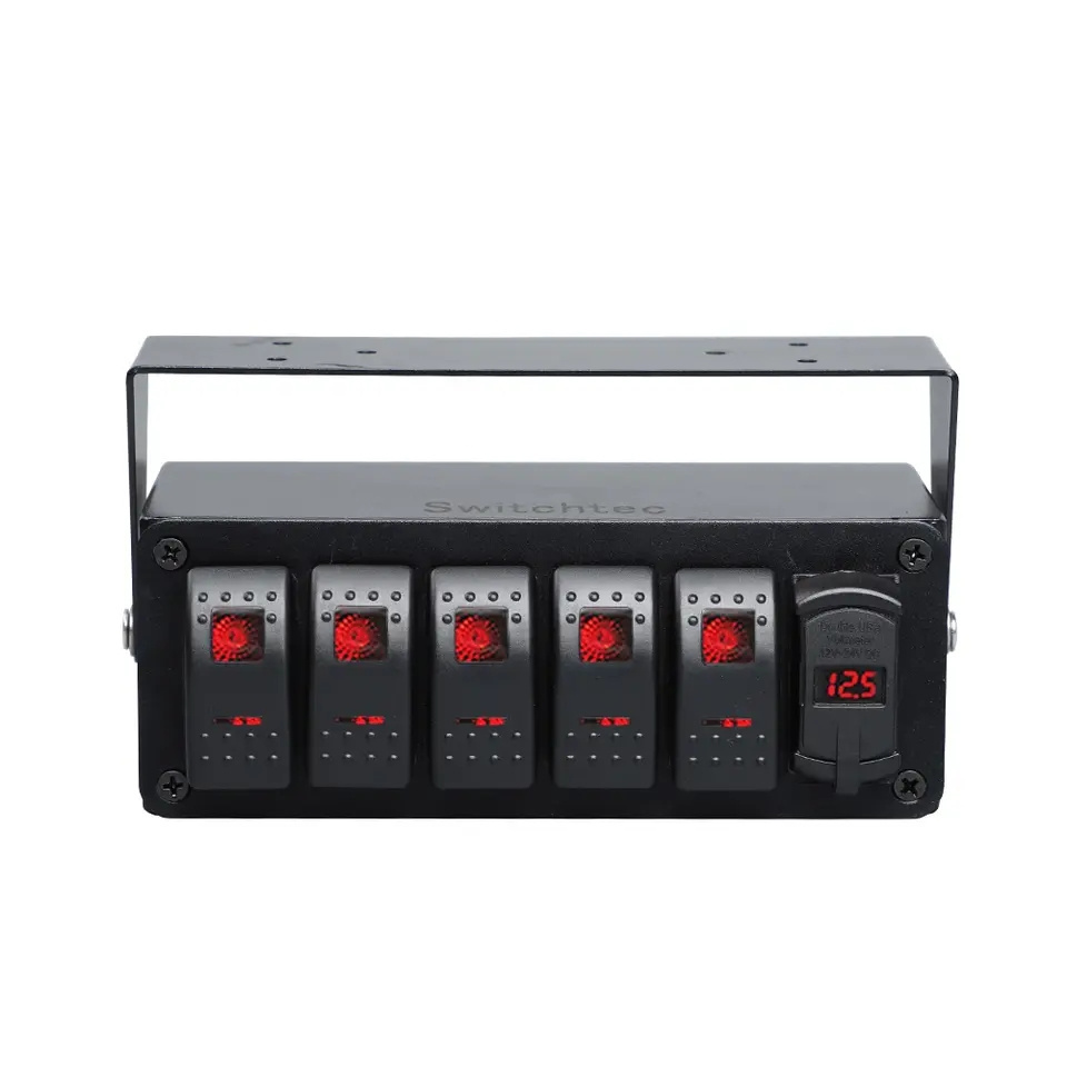 5 Gang LED Rocker Switch Panel box with 4.8A dual usb charger and voltmeter red led