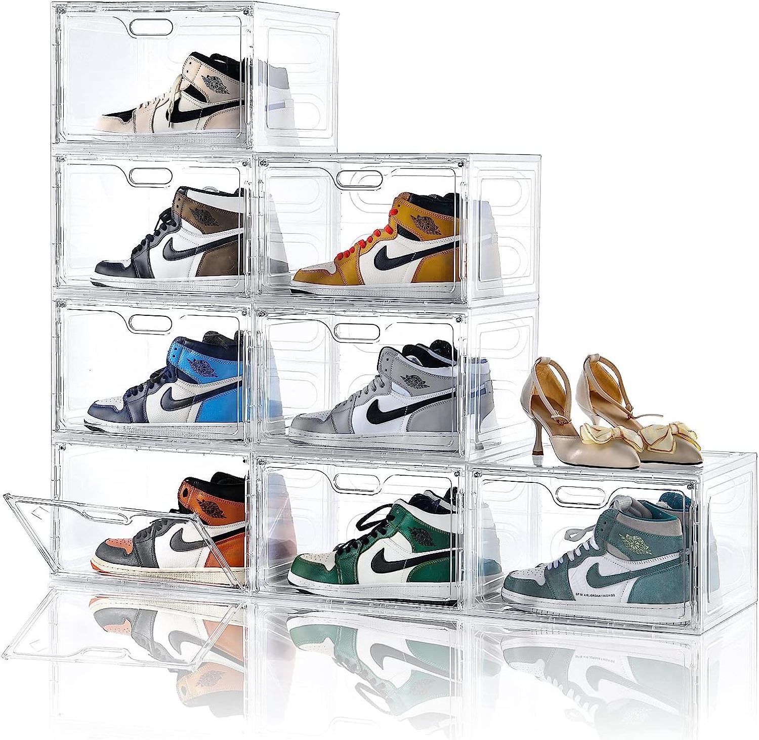 8 Pack Shoe Boxes Clear Plastic Stackable, Large Shoe Storage Organizer with Lids,Drop Side Shoe Containers