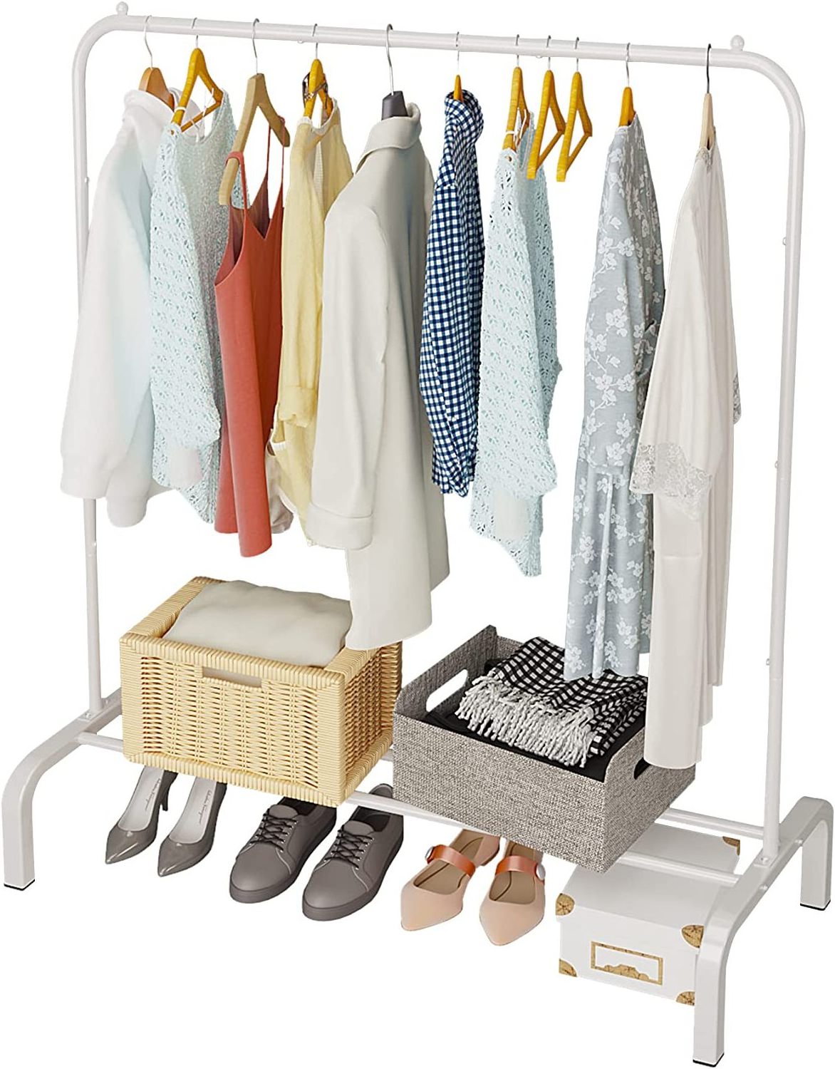 Clothed Hanger Clothing Rack, 110 CM Metal Clothes Rail, Coat Rail with Bottom Rack for Coats, Skirts, Shirts, Sweaters, White