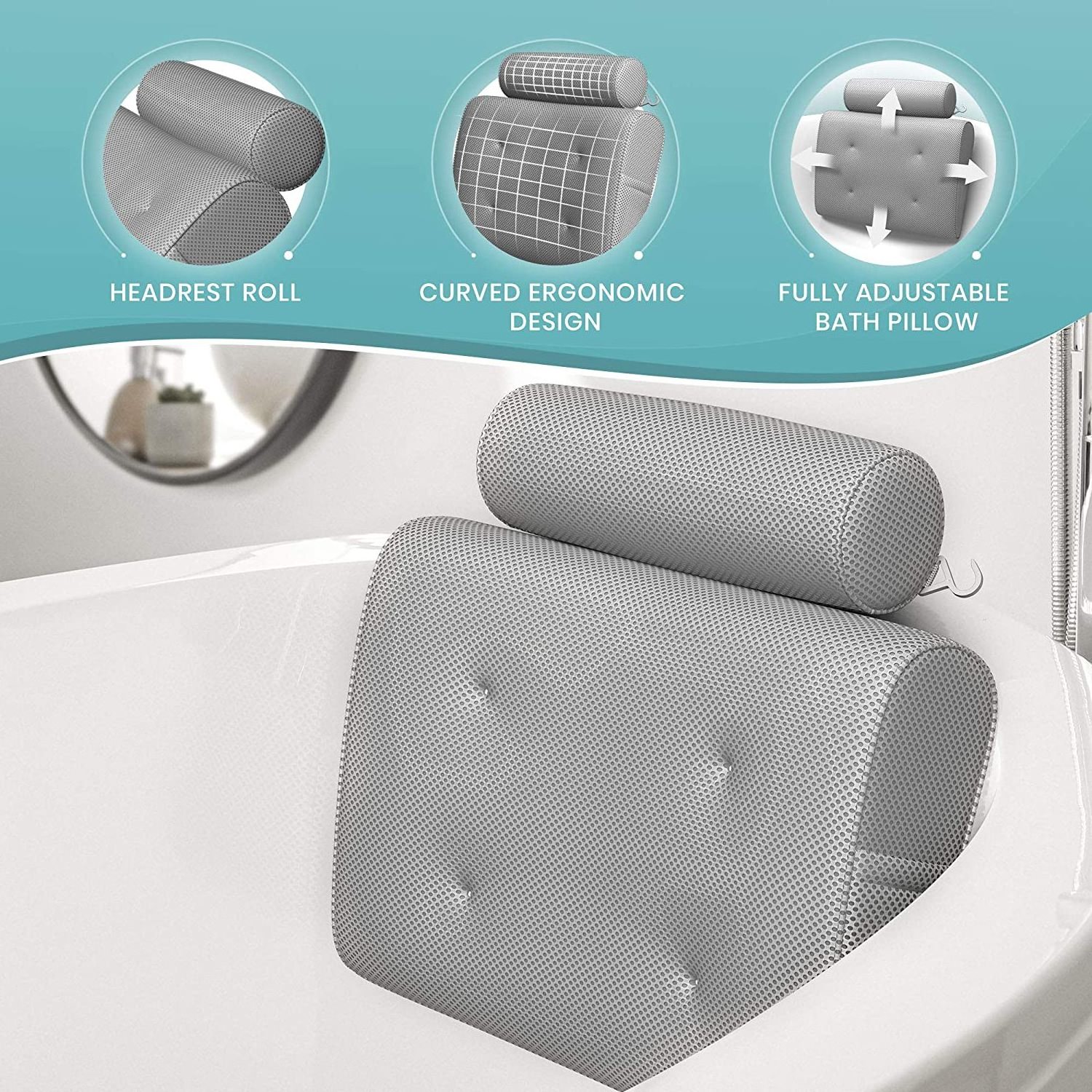 New Ergonomic Design Bathtub Spa Pillow with Back and Headrest Cushion - 4 Non Slip Suction Cups