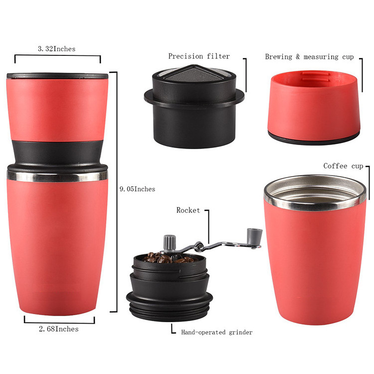 Factory price wholesale portable manual coffee grinder with folding handle and stainless steel coffee cups