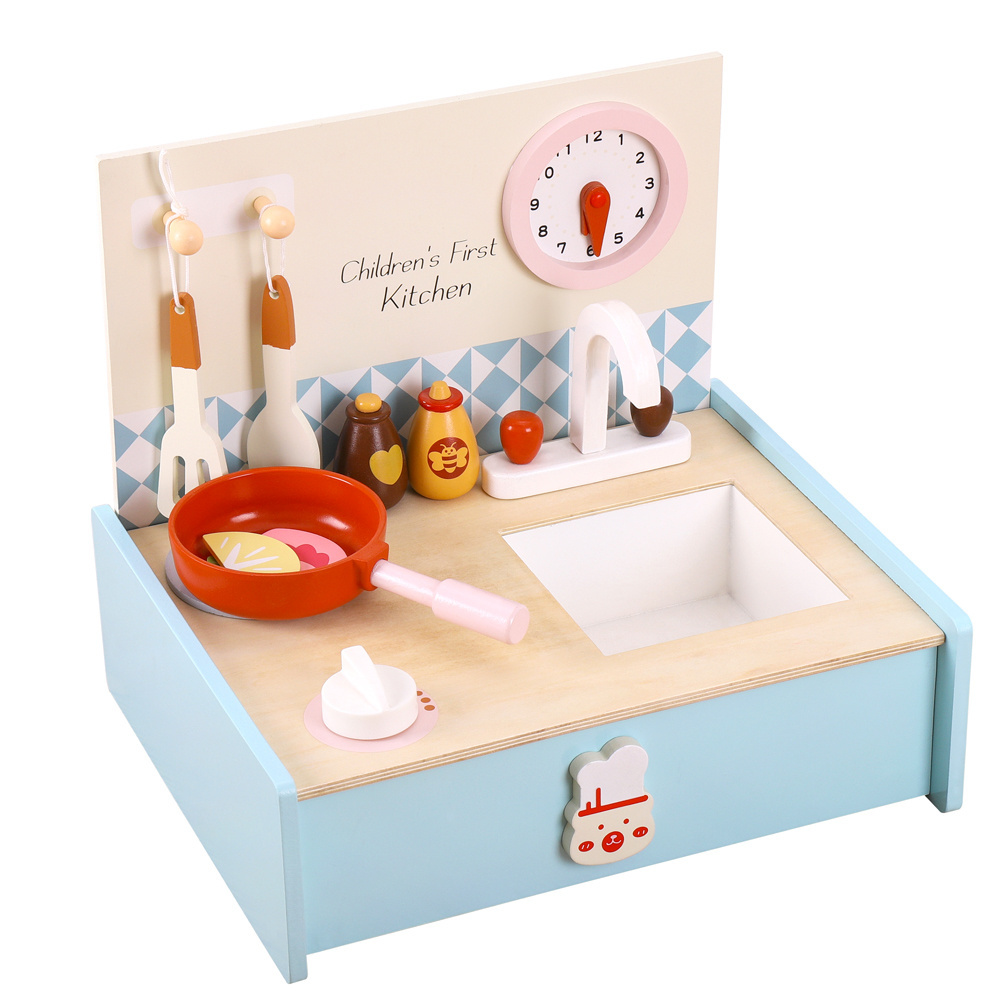 Unisex Pretend Play Mini Kitchen Set Real Table Cooking Bench Tableware Toys for Children Kids