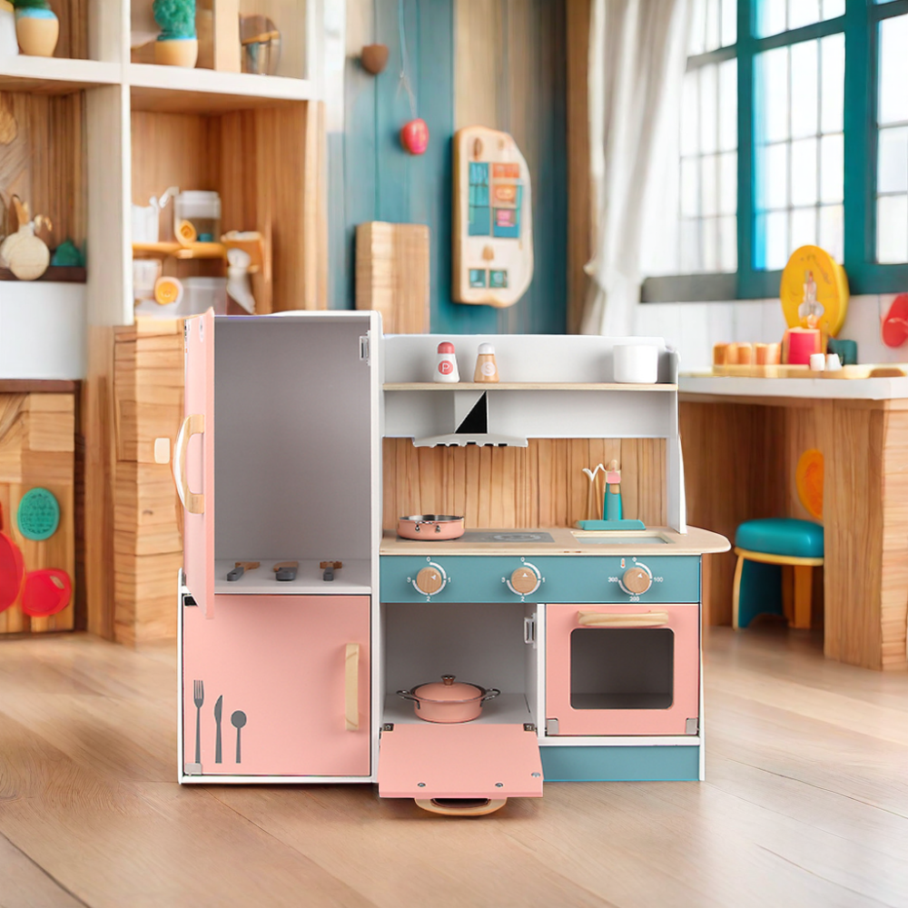 Unisex Wooden Pretend Play Kitchen Set-Simple Style Simulation Cooking Stove and Refrigerator Toy for Kids