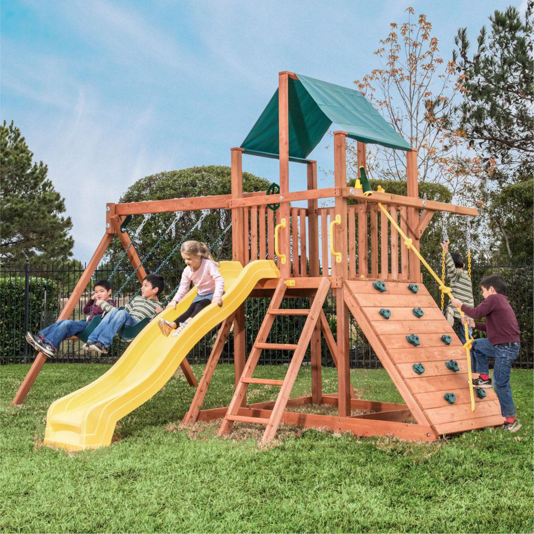 Hot Sale China Wholesale kids swing set playhouse Wooden climbing frame garden children backyard wooden swing and slide set