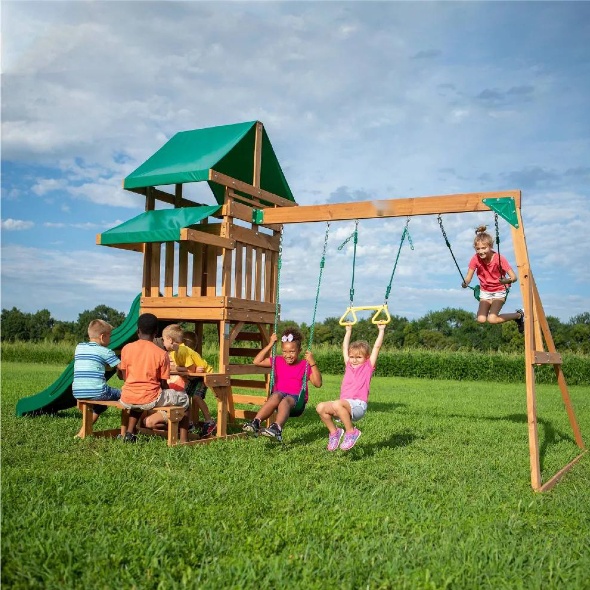 Hot Sale China Wholesale kids swing set playhouse Wooden climbing frame garden children backyard wooden swing and slide set