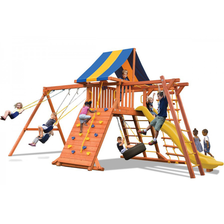 Patio Wooden Climbing Frame Swing Set with Plastic Accessories for Backyard