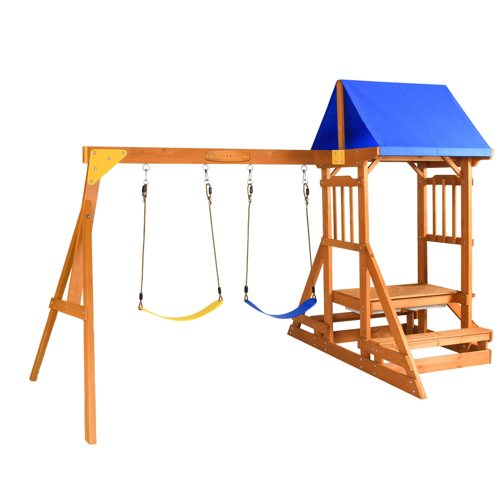 Outdoor Playground Wooden Climbing Frame Swing Set with Plastic Slide