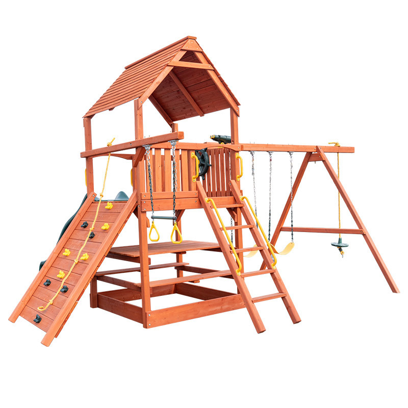 Playground Kids timber Swing And Slide Sets On Sale Patio outdoor Wood Climbing Frame Wooden Swing Set with Plastic Accessories