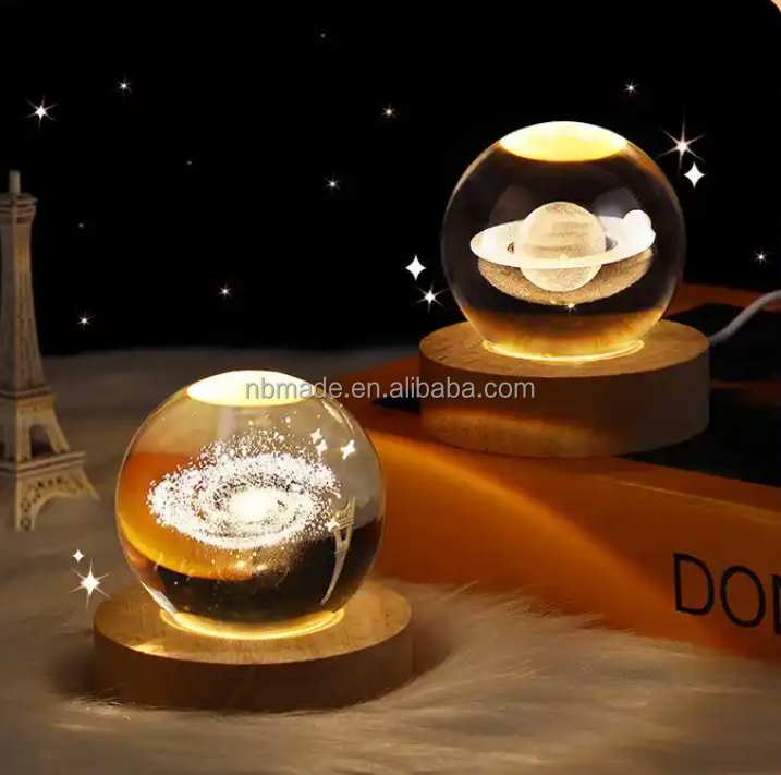 3D Art Science Planet Engraving Night Lamps Warm White Dimmable Led Wooden Base Solar System Crystal Ball Night Light for Gifts