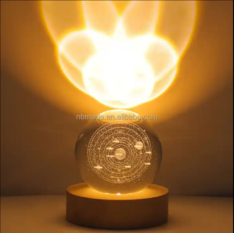 3D Art Science Planet Engraving Night Lamps Warm White Dimmable Led Wooden Base Solar System Crystal Ball Night Light for Gifts