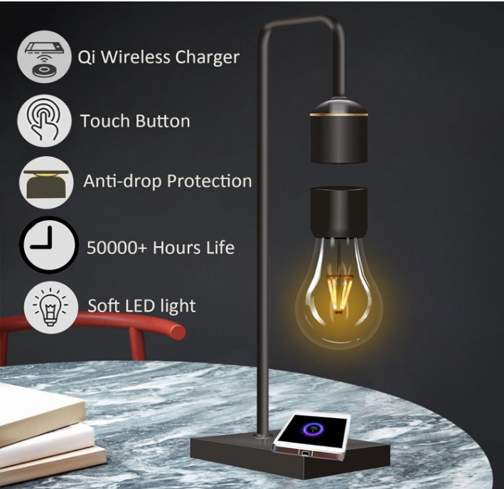 3smart Home Luxury Wireless Charging Levitation Plastic Black Floating Table Lamp LED Night Light Magnetic Levitating Light Bulb