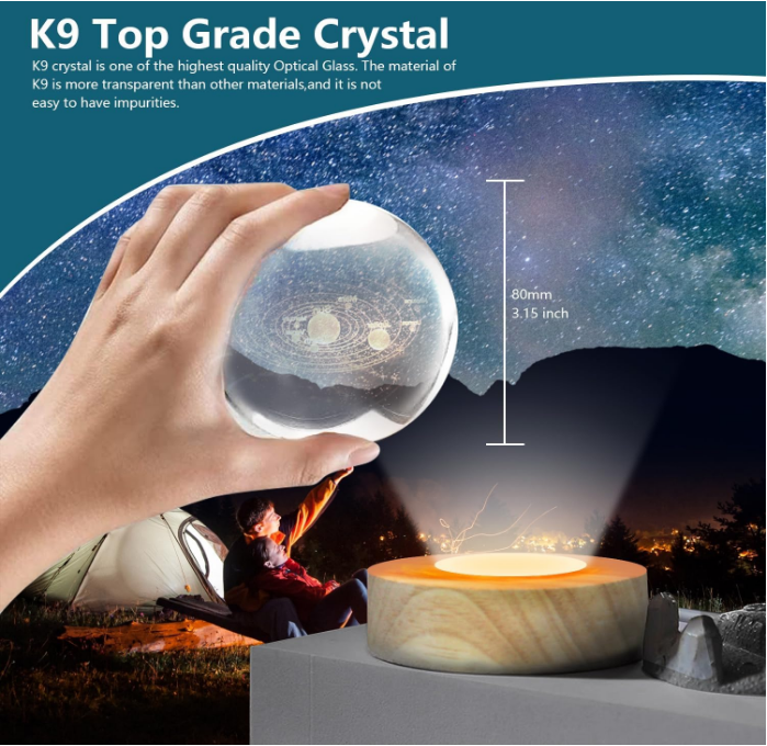 3D Art Science Planet Engraving Night Lamps Warm White Dimmable Led Wooden Base Solar System Crystal Ball Night Light for Gifts