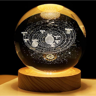 3D Art Science Planet Engraving Night Lamps Warm White Dimmable Led Wooden Base Solar System Crystal Ball Night Light for Gifts