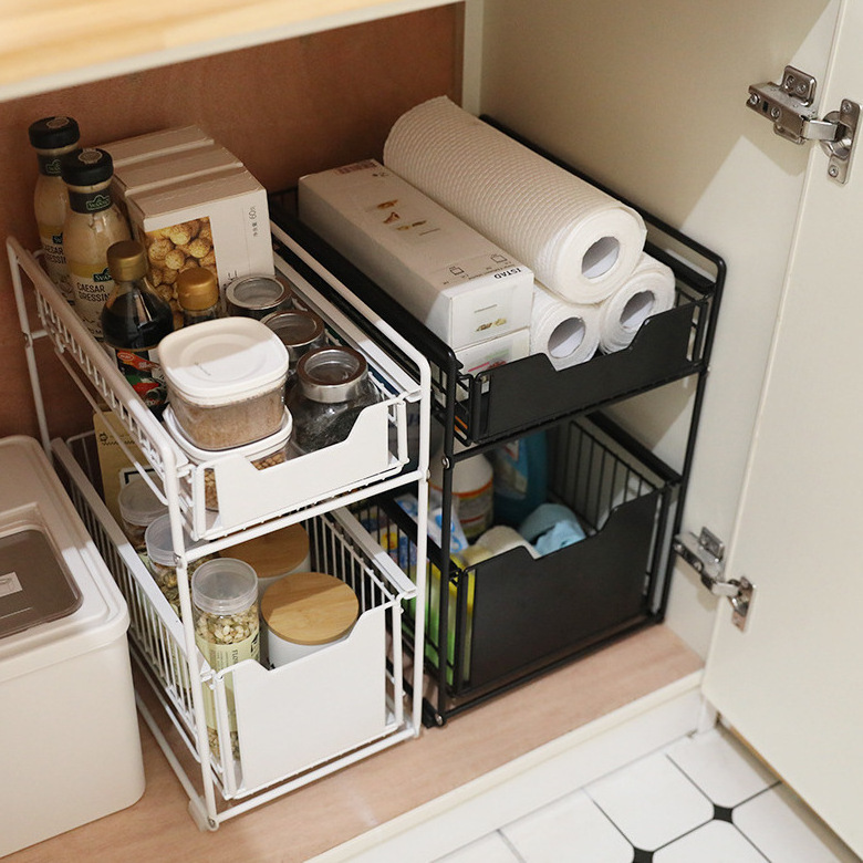 Kitchen Bathroom 2-Tier Under Sink Cabinet Organizer Rack With Sliding Storage Drawer