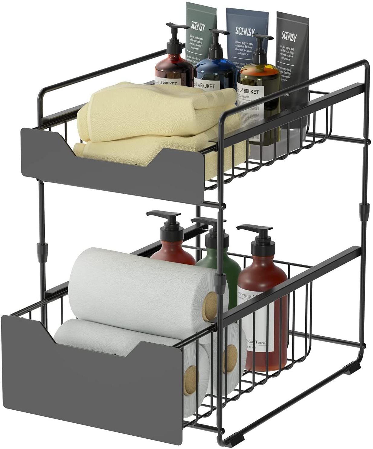 Kitchen Bathroom 2-Tier Under Sink Cabinet Organizer Rack With Sliding Storage Drawer