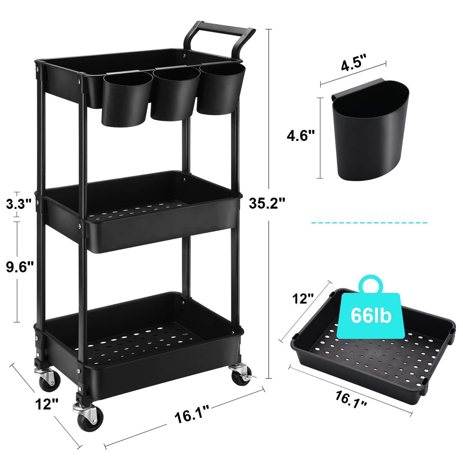 3-Tier Utility Rolling Cart Storage Shelves Rack  With Lockable Caster Wheels For Bathroom