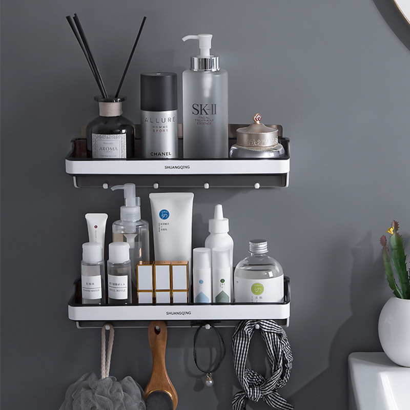 Bathroom wall mounted storage plastic shelf with 4 hook plastic shower rack shelf bathroom