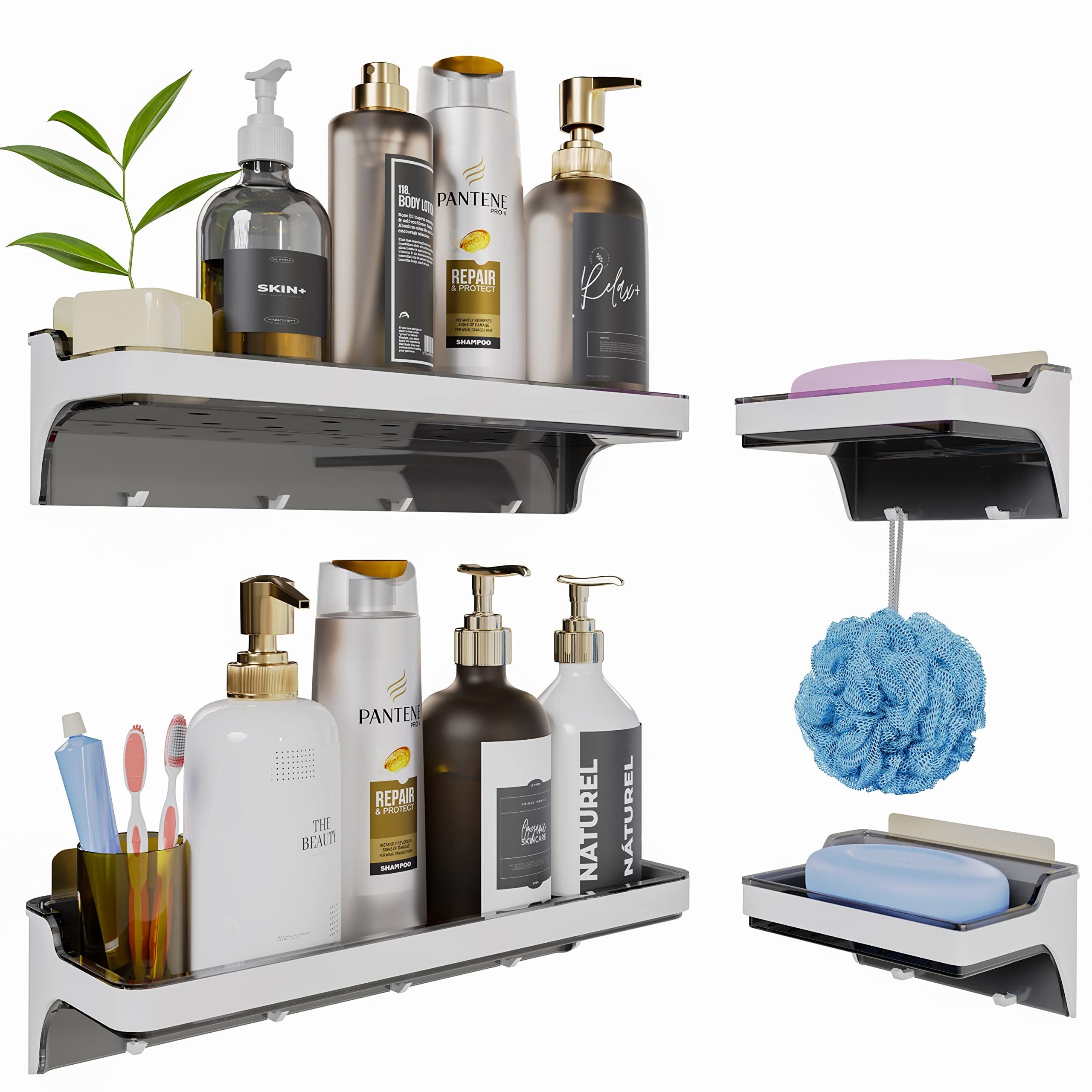 Bathroom wall mounted storage plastic shelf with 4 hook plastic shower rack shelf bathroom