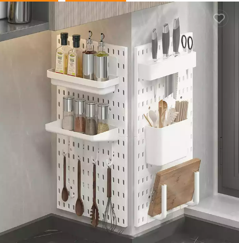 Kitchen Plastic Pegboard Wall Organizer Simple White Wall Mount Tableware Storage Rack