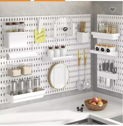 Kitchen Plastic Pegboard Wall Organizer Simple White Wall Mount Tableware Storage Rack