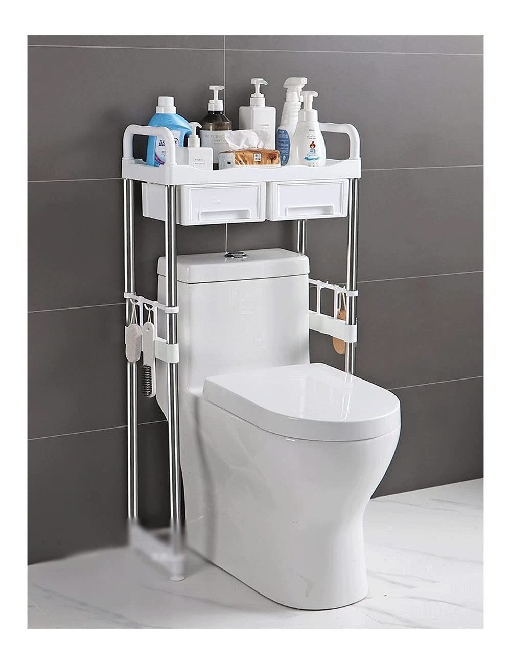 Bathroom organizer shelf with drawers over the toilet storage shelf