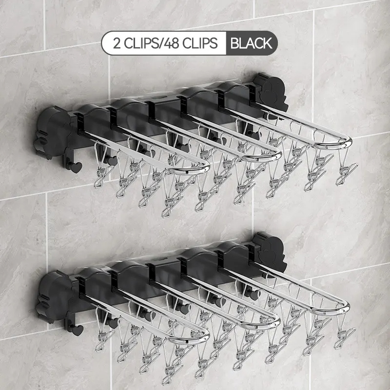 Wall Mounting Stainless Steel Foldable Socks Drying Rack Clips Hanger with 24pcs Laundry Pegs