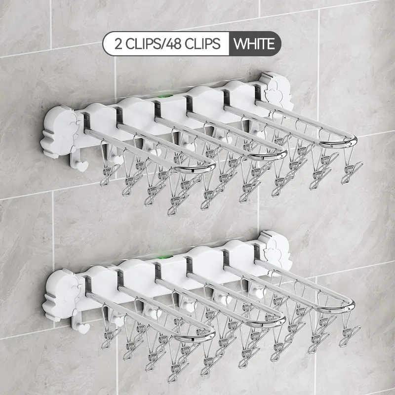 Wall Mounting Stainless Steel Foldable Socks Drying Rack Clips Hanger with 24pcs Laundry Pegs