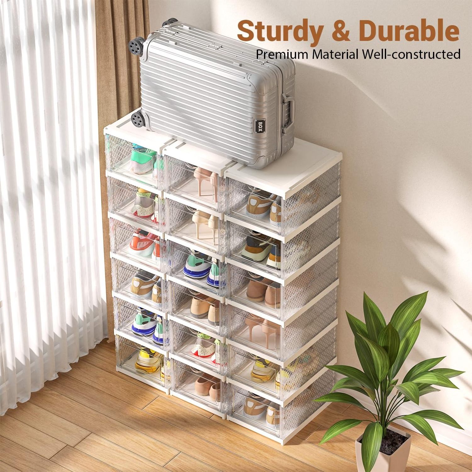 Multi-layer Installation-free Plastic Transparent Foldable Shoe Box Rack Storage Organizer With Doors