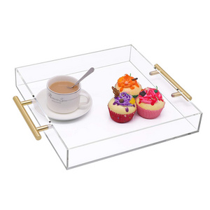 Breakfast Bed Coffee Table Tray Spill-Proof Clear Acrylic Serving Tray with Gold Handle