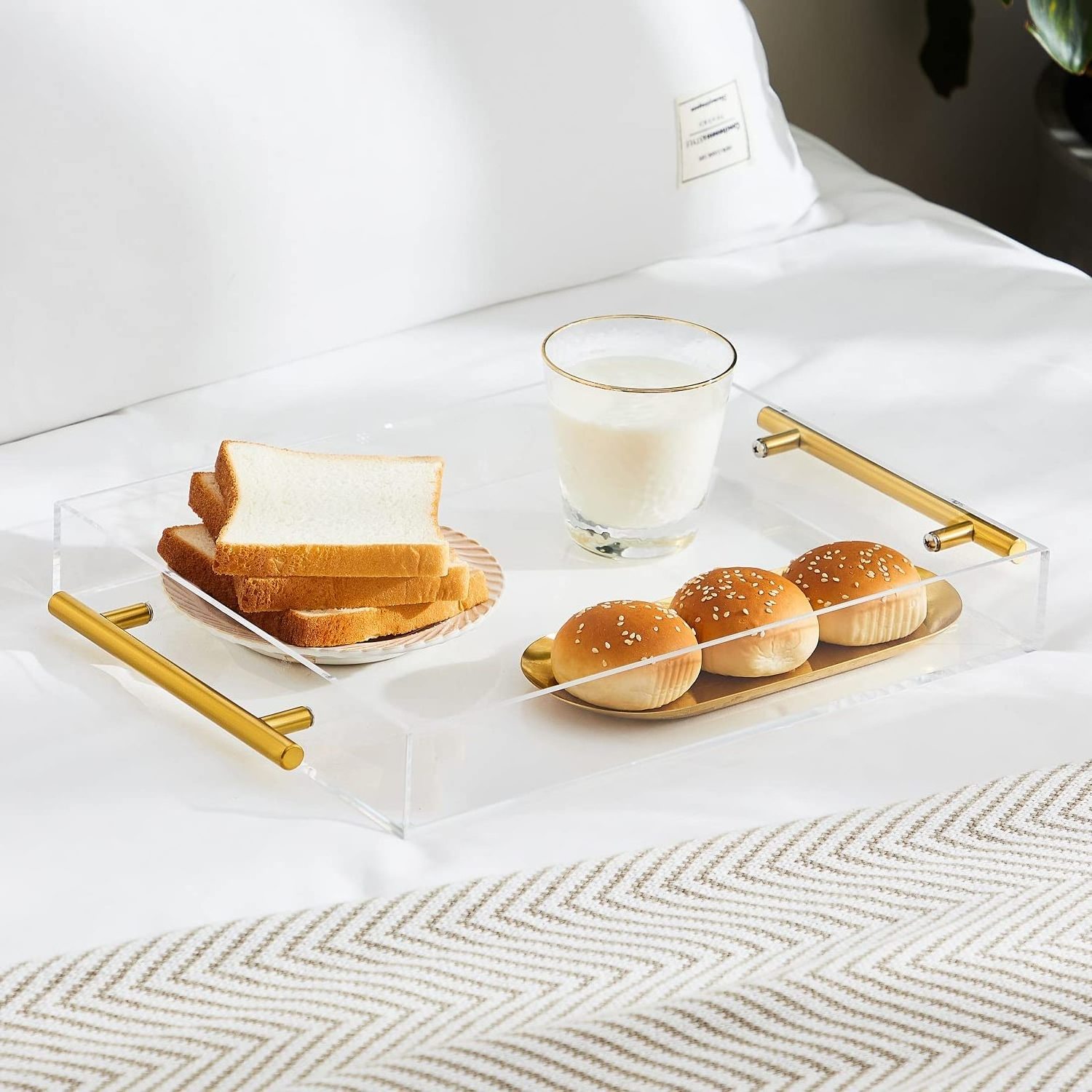 Breakfast Bed Coffee Table Tray Spill-Proof Clear Acrylic Serving Tray with Gold Handle