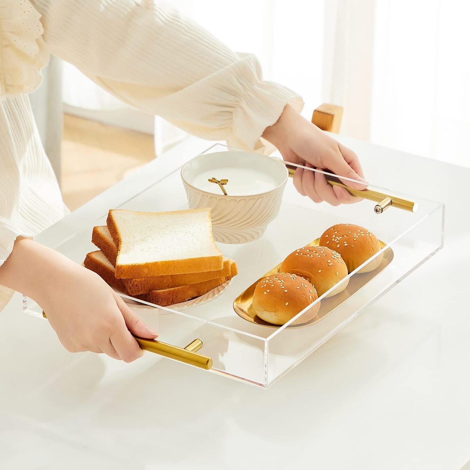 Breakfast Bed Coffee Table Tray Spill-Proof Clear Acrylic Serving Tray with Gold Handle