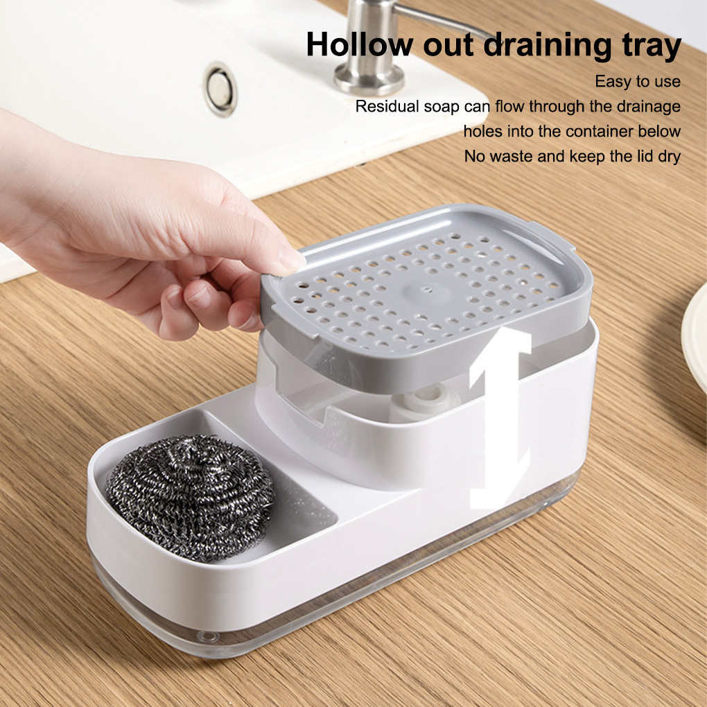 Kitchen Manual Press Soap Dispenser Detachable Reusable Organization Case Dish Scrubber Holder With Tray