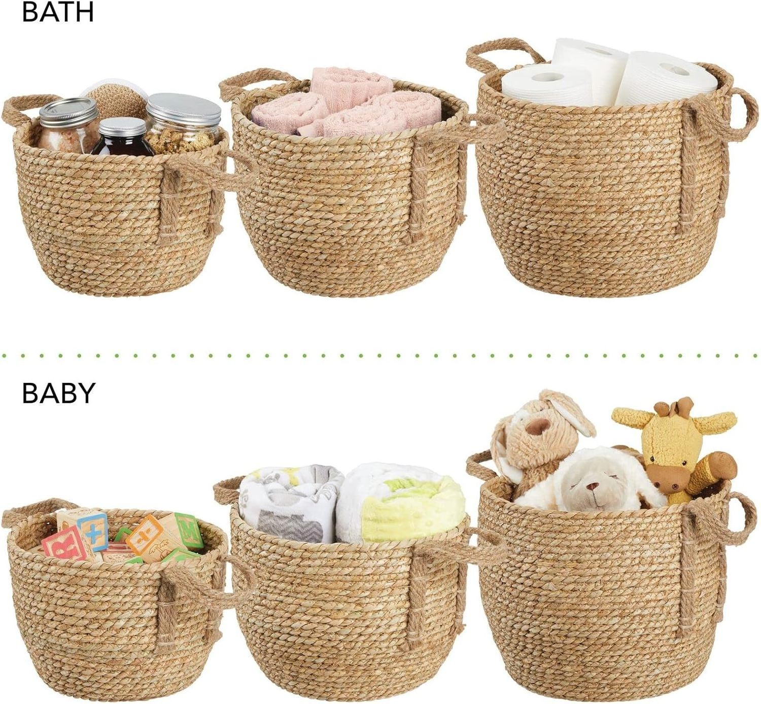 QJMAX Round Rope Braided Seagrass Woven Storage Basket With Jute Handles For Shoe